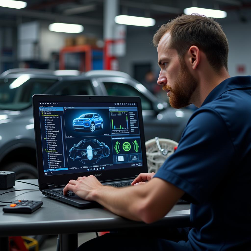 Technician Using Advanced Diagnostic Software on a Laptop