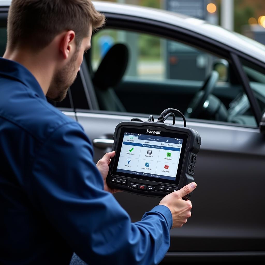 Technician Using Foxwell Diagnostic Tool on Electric Vehicle