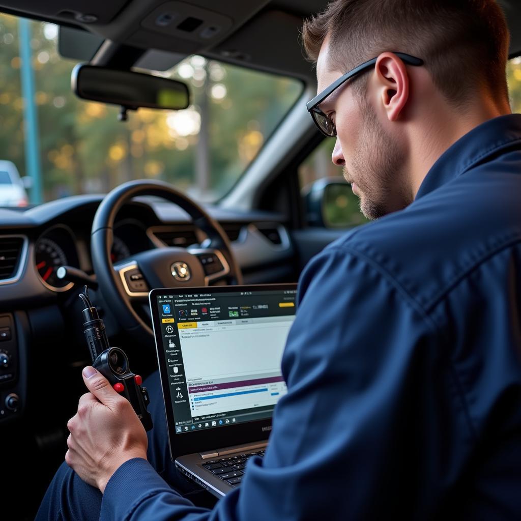 Technician using laptop for diagnostics