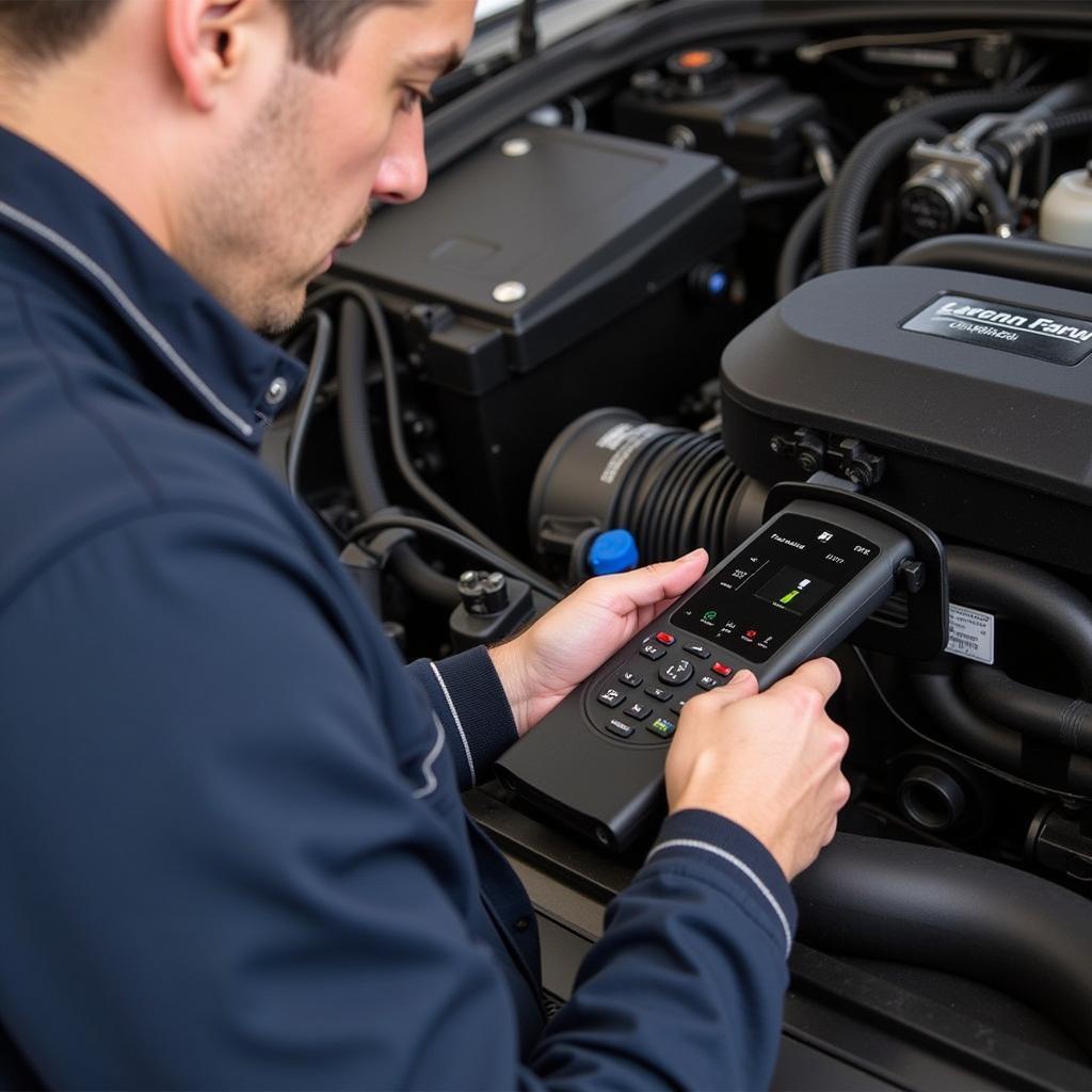 Technician Utilizing a Lynn Foxwell Scanner for Diagnostics