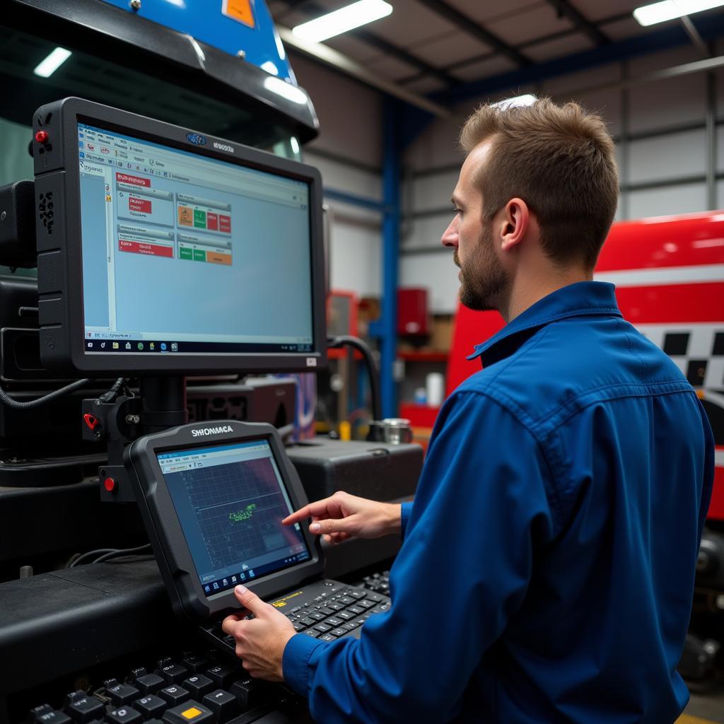 Technician Using Monaco Diagnostic Tool on a Truck