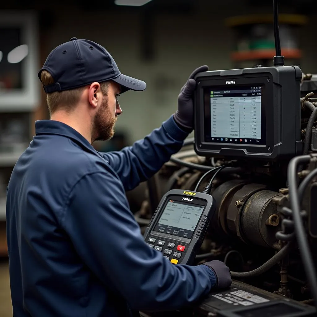 Technician Diagnosing Truck Engine with Terex PT 110