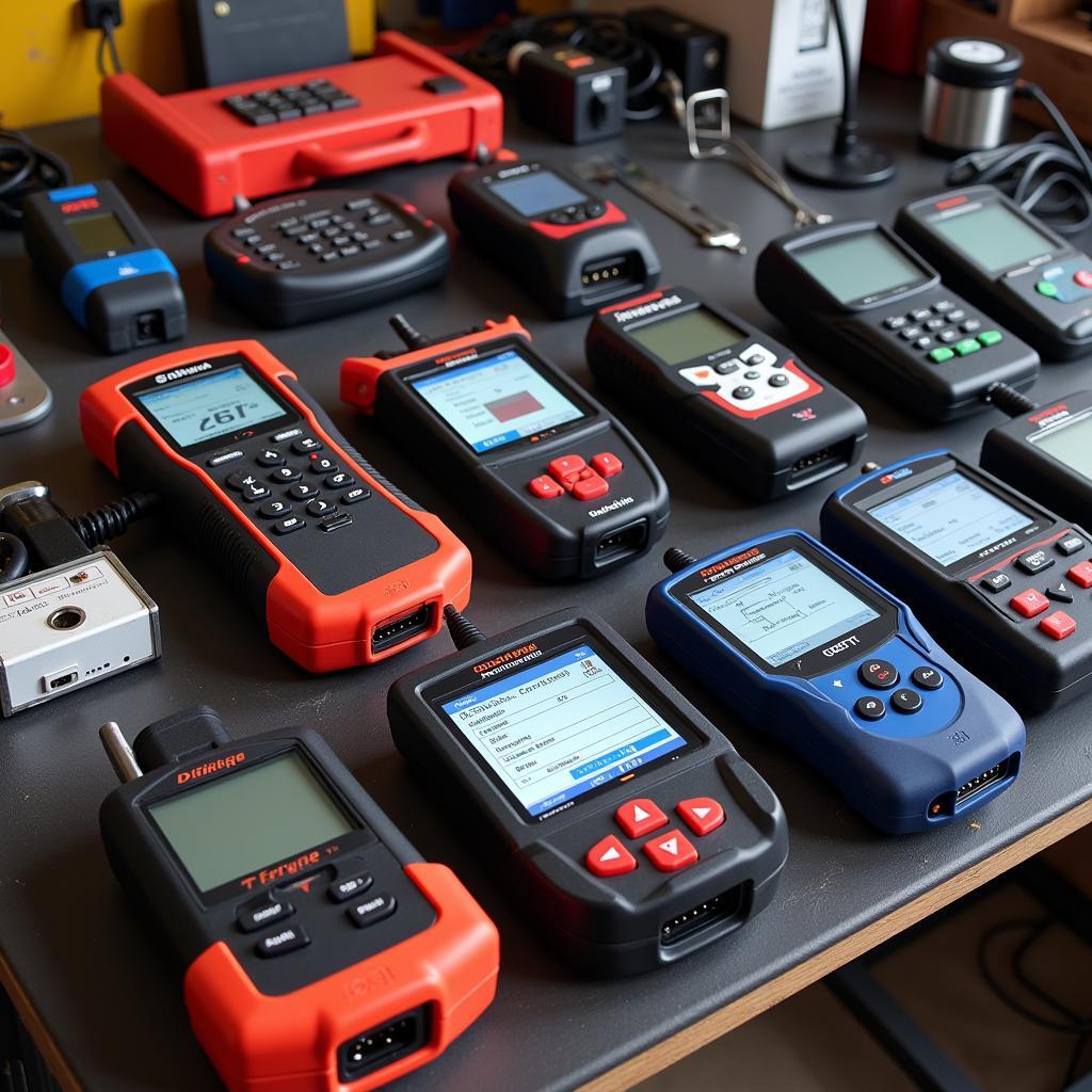 Different types of car diagnostic scanners laid out on a workbench