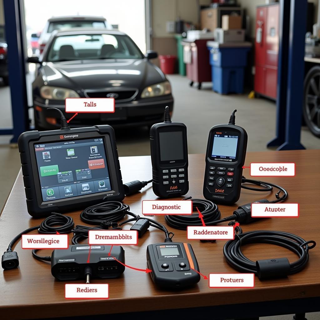 Various snowmobile diagnostic tools displayed on a workbench