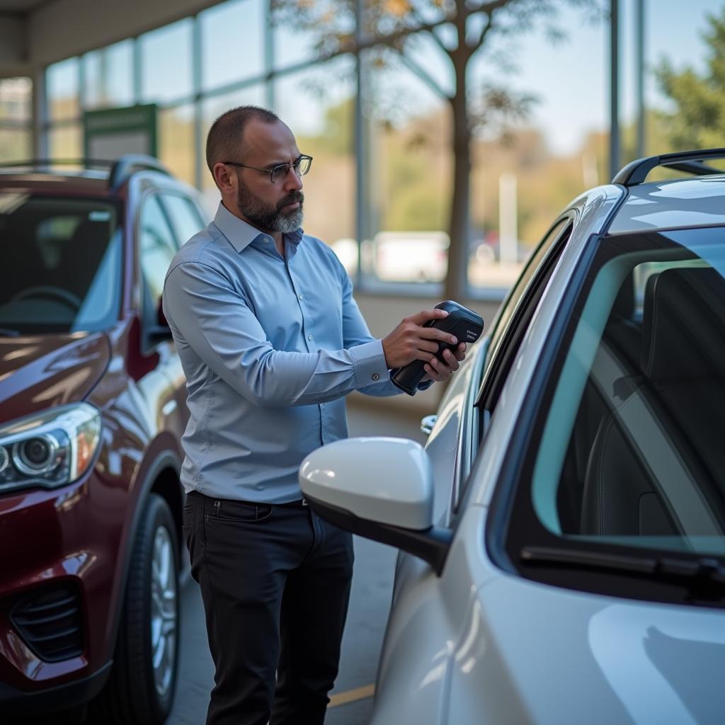 Used car dealer inspecting a vehicle with a mileage scanner