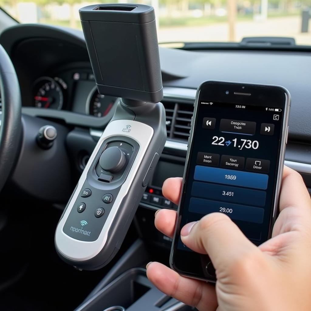 A person using a smartphone to diagnose their car using a connected smart car scan tool.