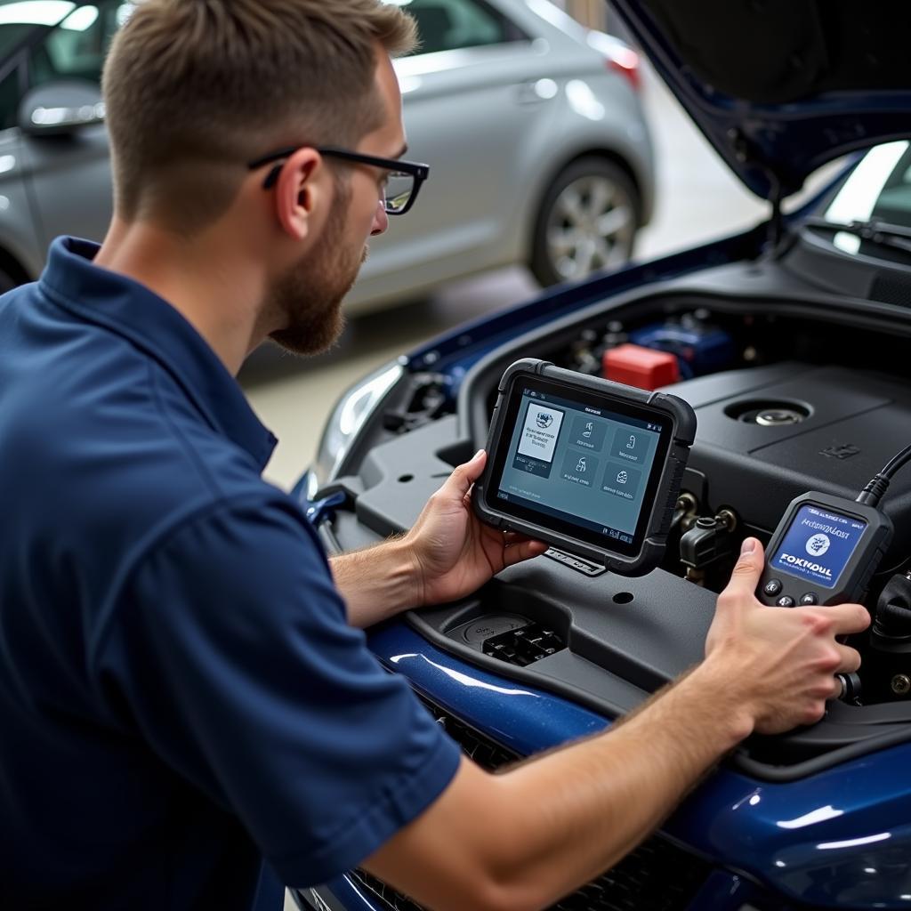 Mechanic Using Foxwell NT624 Elite to Diagnose a Car