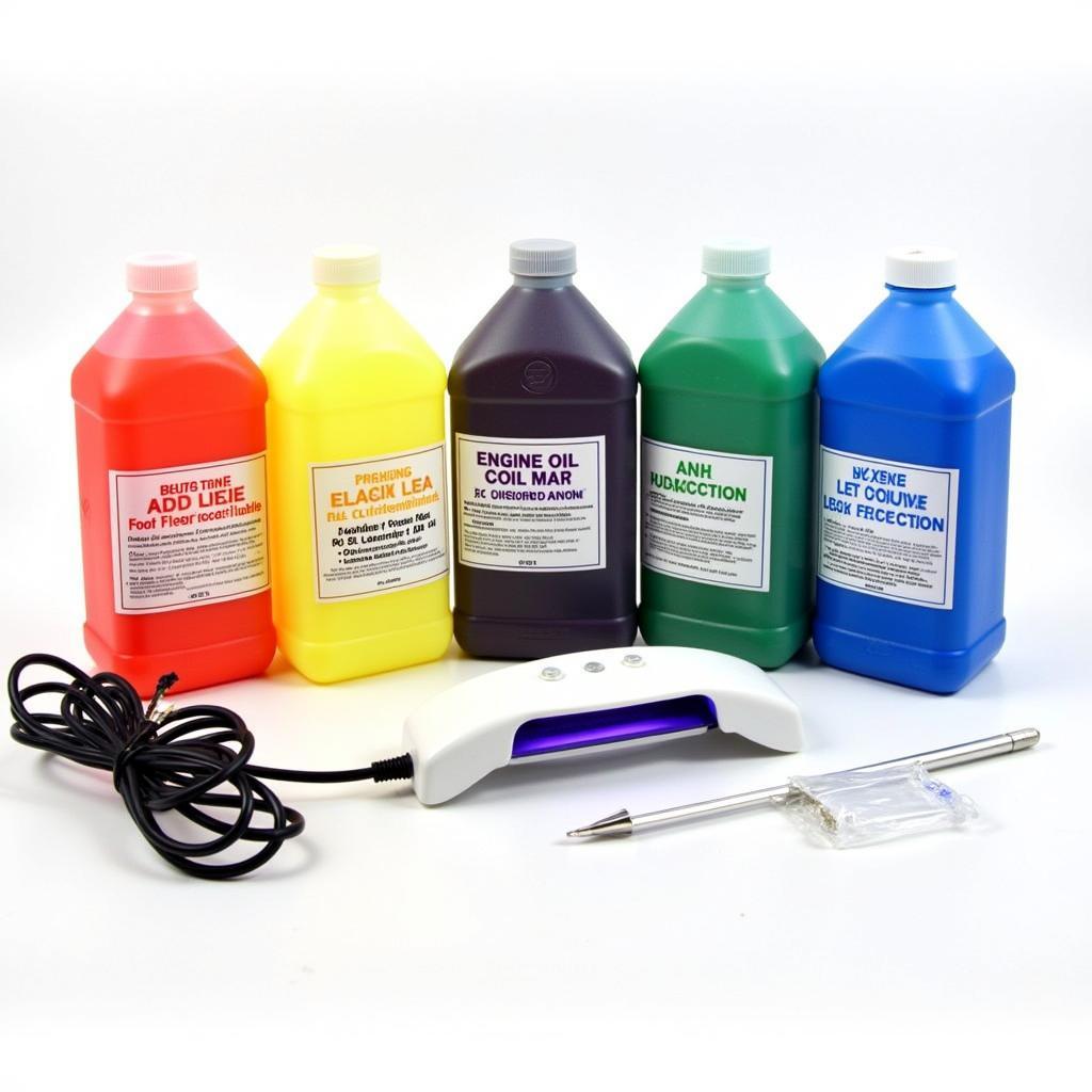 A kit containing various UV dyes for leak detection in different car systems