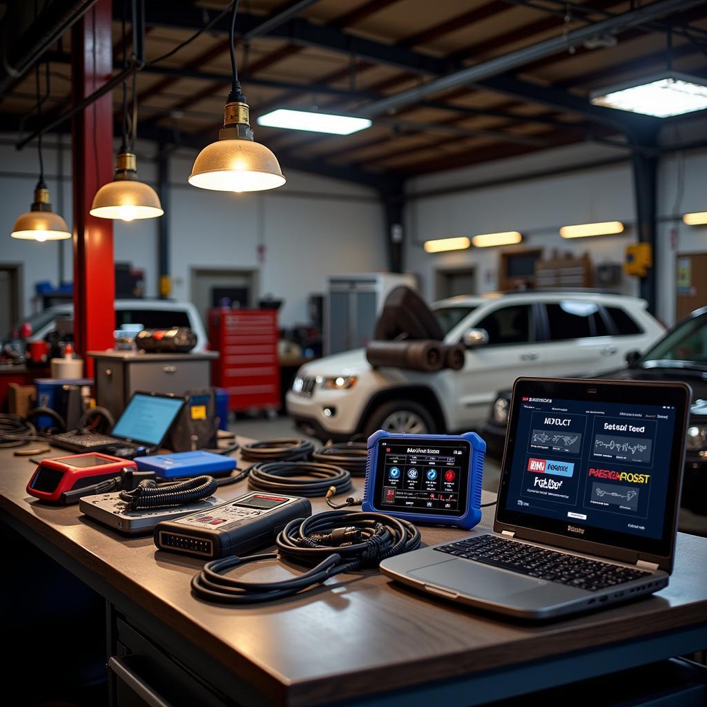 Different types of HD diagnostic tools displayed on a workbench