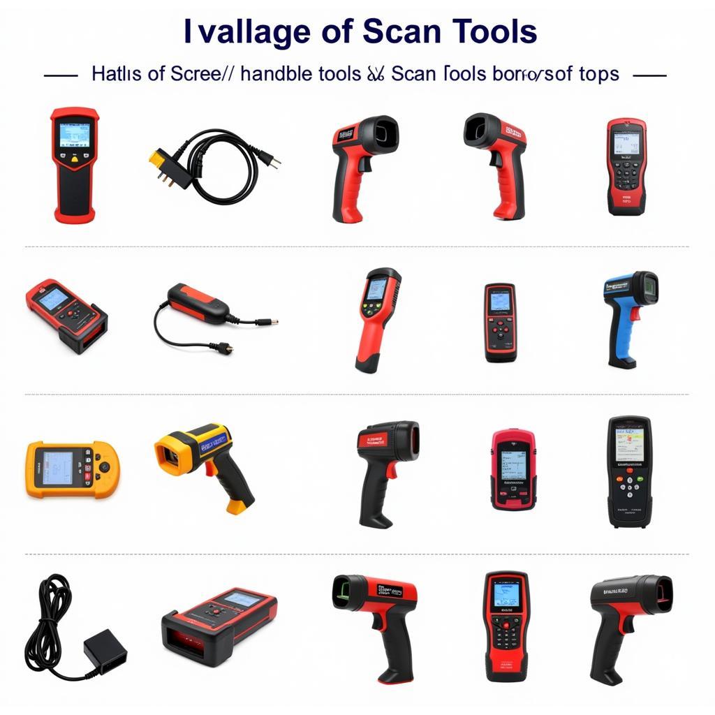 A selection of various scan tools, showcasing the diversity in design and functionality available for key fob programming.