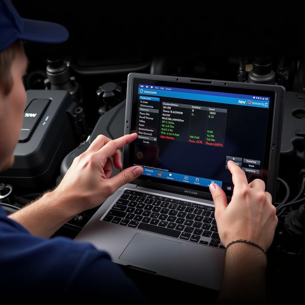 Volvo Technician Using Vocom to Diagnose Engine Issue