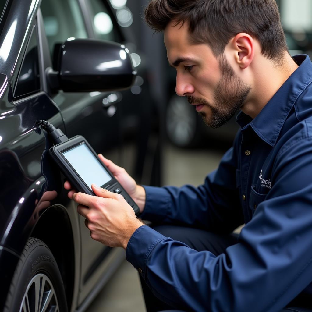 Automotive Technician Diagnosing Car with Scanner