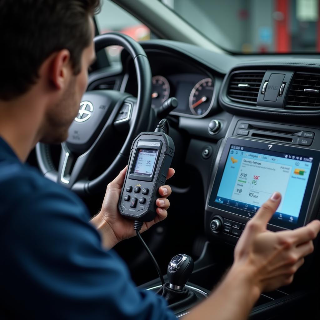 Automotive Technician Diagnosing CPU Issue in a Car