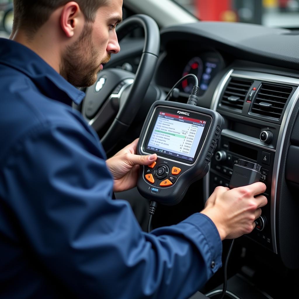 Technician Using Foxwell Scanner to Diagnose a Car