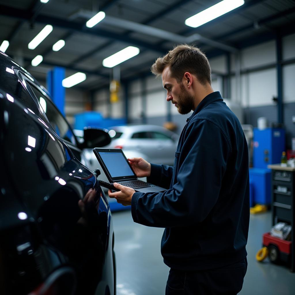 Automotive Technician Using Network Scanner Tool in Workshop