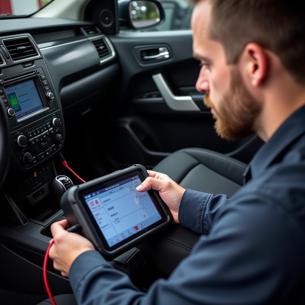 Automotive Technician Using Scan Tool for Diagnostics