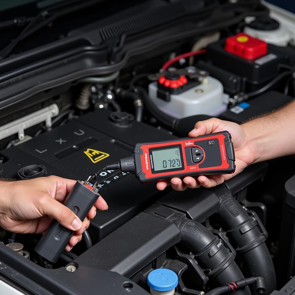 Car Battery Being Tested in a Garage Setting