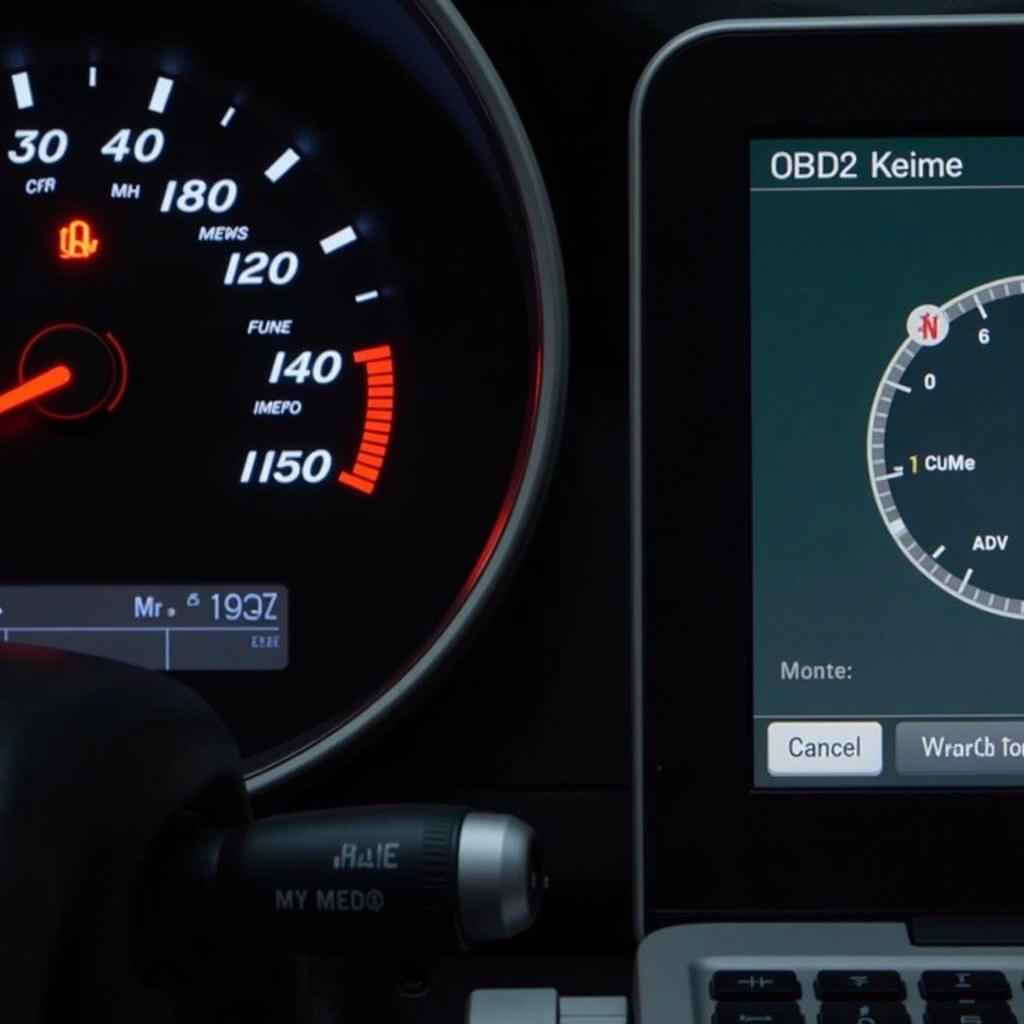 Car Dashboard with Check Engine Light and Laptop Connected