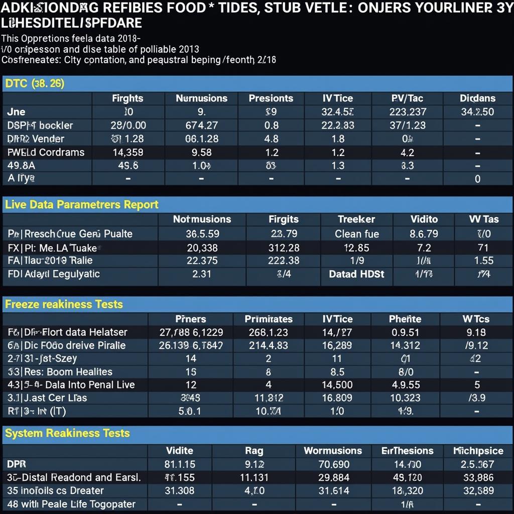 A detailed car diagnostic report generated by diagnostic software, showing various parameters and DTCs.