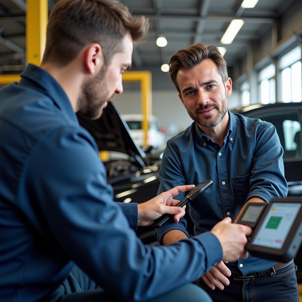 Car Owner at Repair Shop Talking to Technician