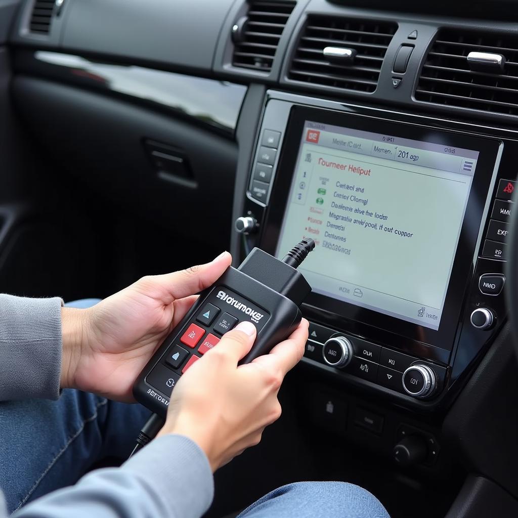 Car Owner Connecting Touchscreen Diagnostic Scanner to OBD Port