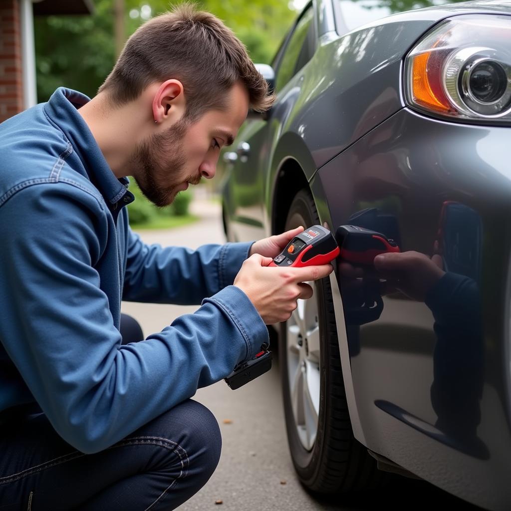 Car Owner Using Foxwell Scanner for Maintenance