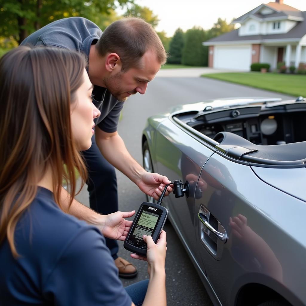 Car owner using Sears scan tool 20899 for car diagnostics at home