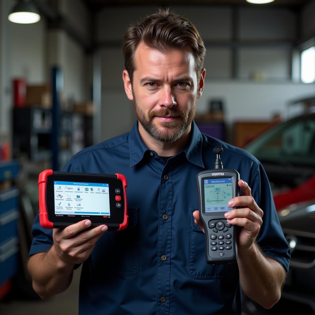 Mechanic selecting a diagnostic tool