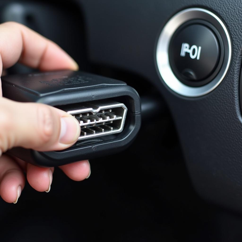 Close-up of OBD-II port with cars scanner portatil plugged in.