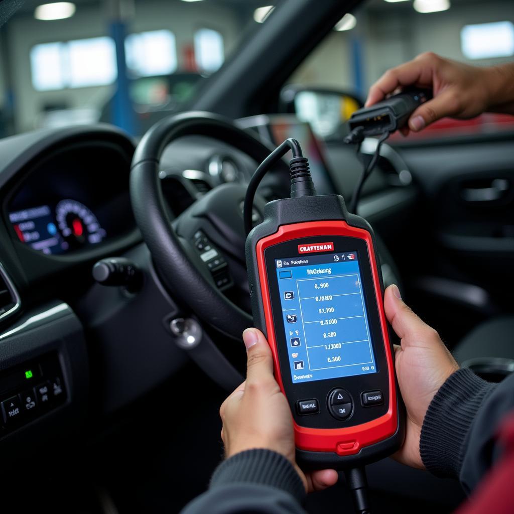 A technician using a Craftsman diagnostic tool to verify emissions compliance on an imported vehicle.