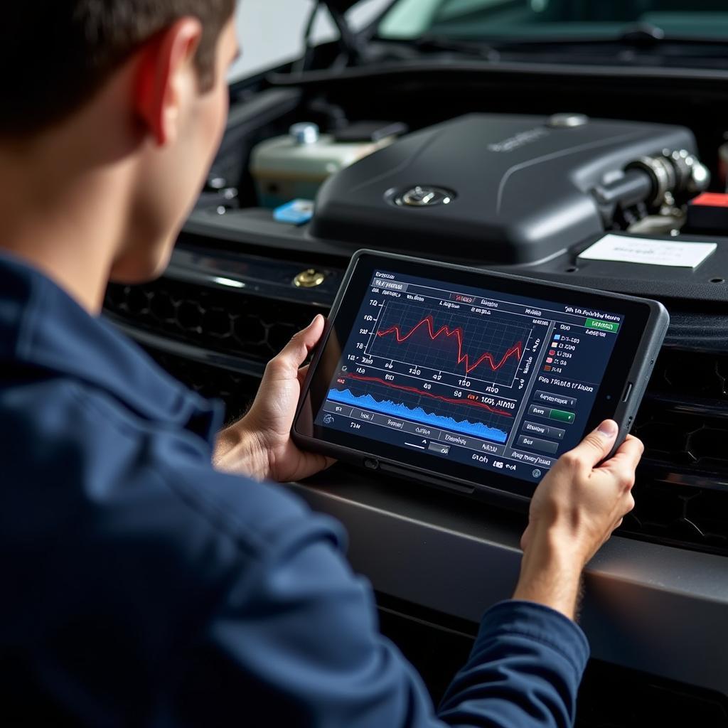 Mechanic analyzing real-time data on a diagnostic tool