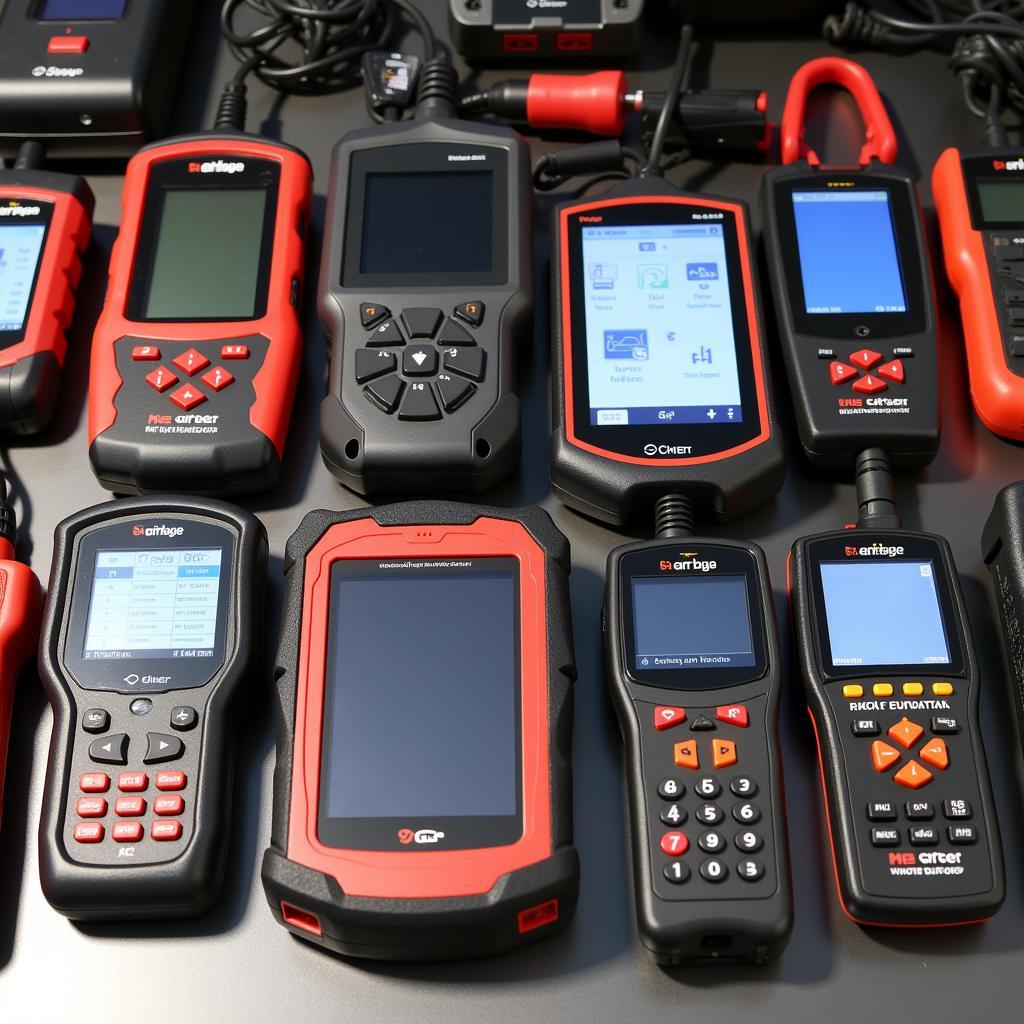 Various types of airbag scan tools displayed on a workbench.