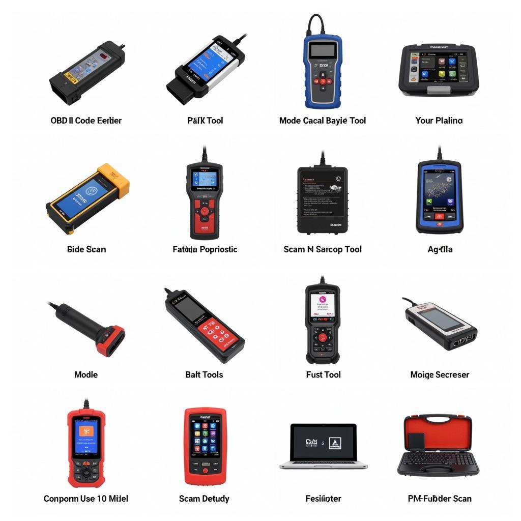 Various types of automotive scan tools displayed on a workbench