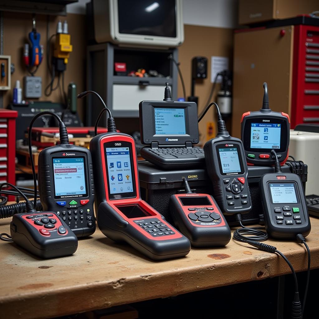 Various OBD2 scanners displayed on a workbench