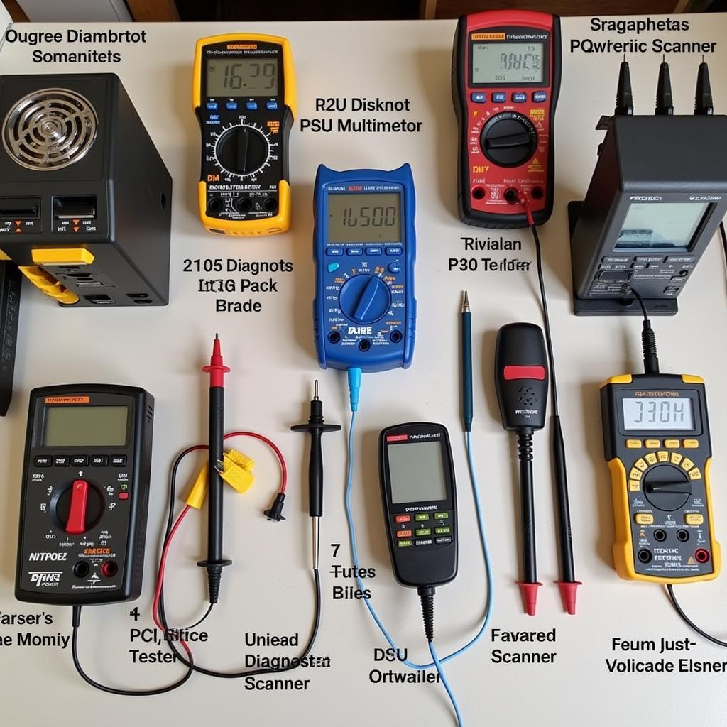 Various PSU diagnostic tools displayed on a workbench