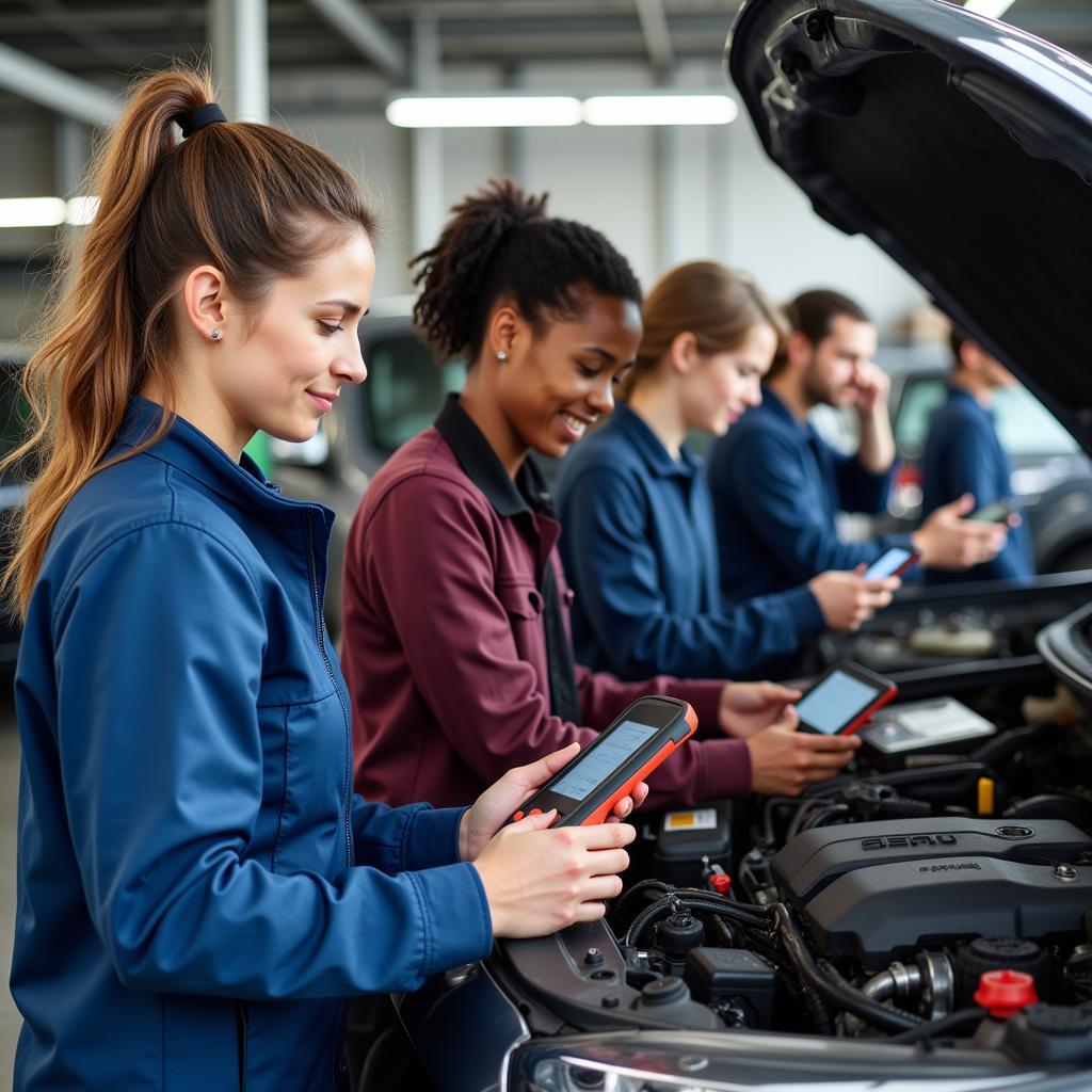 Diverse Group of Mechanics Using Diagnostic Tools