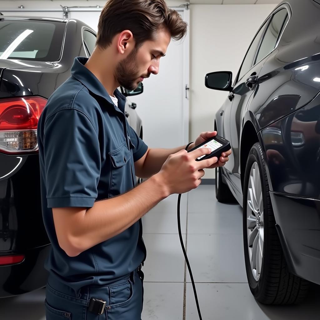 DIY Enthusiast Using Digital Car Scanner at Home