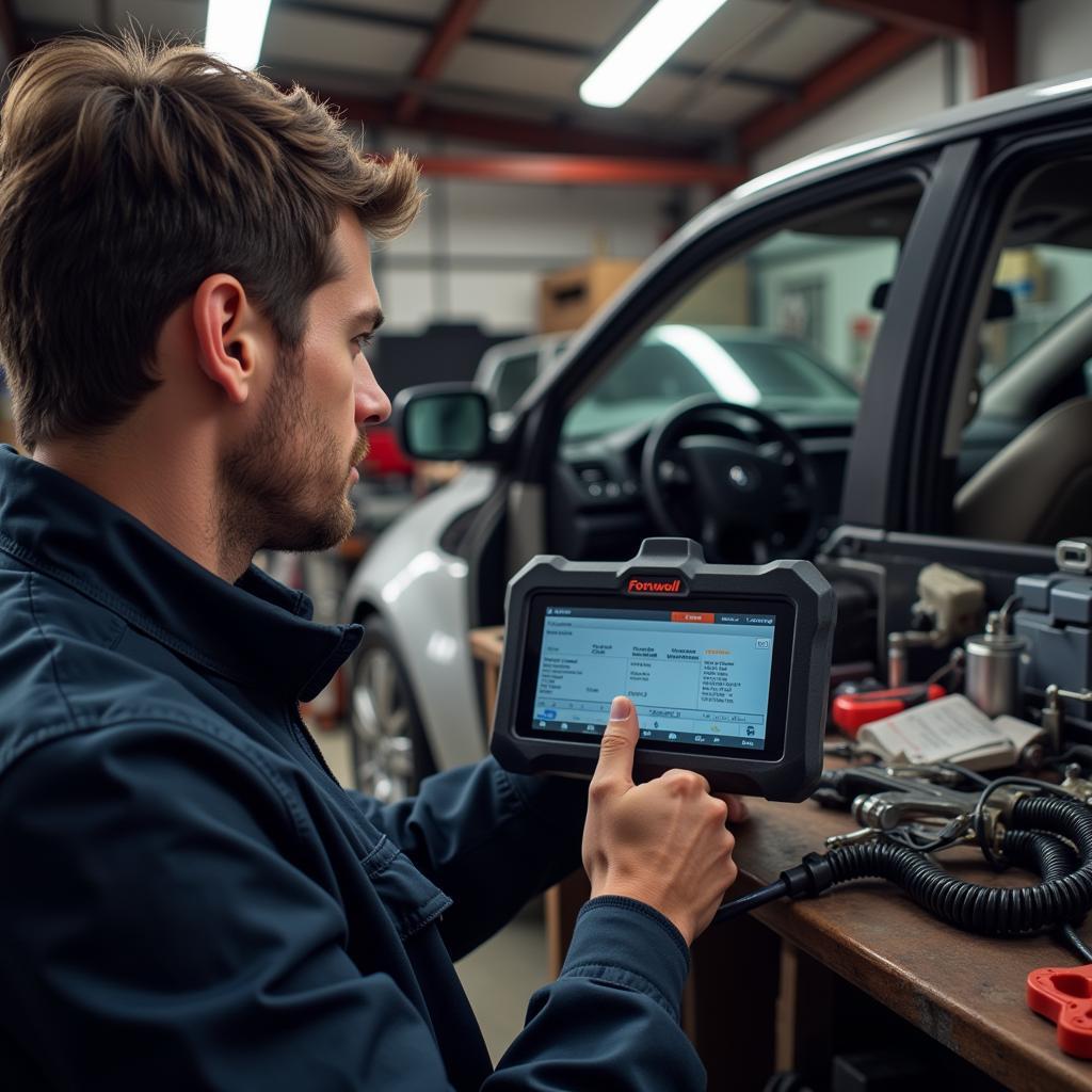 DIY mechanic using a Foxwell scanner to diagnose car problems