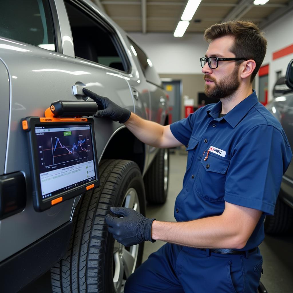 Foxwell 650 scanner being used in a professional repair shop setting