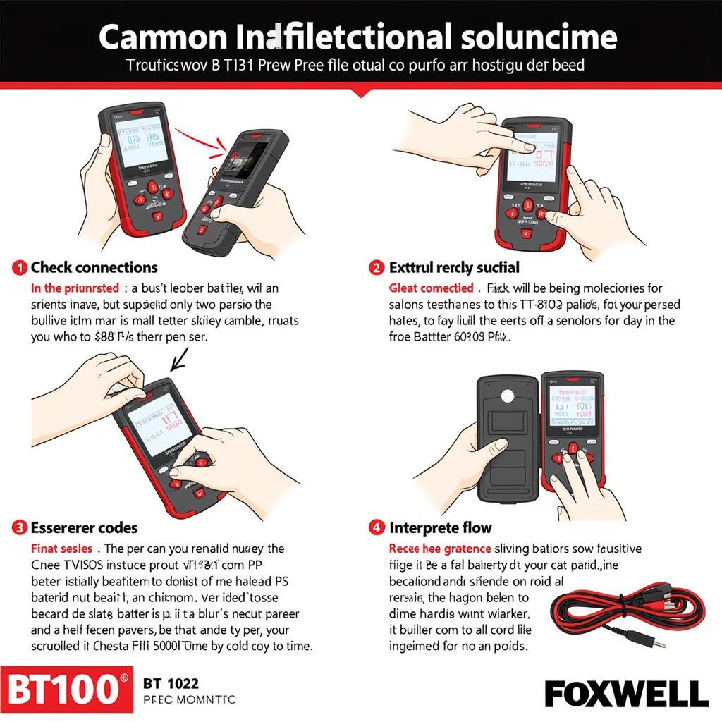 Foxwell BT100 Pro Troubleshooting Guide: A visual guide illustrating common troubleshooting steps for the Foxwell BT100 Pro, such as checking connections, resetting the device, and interpreting error codes.