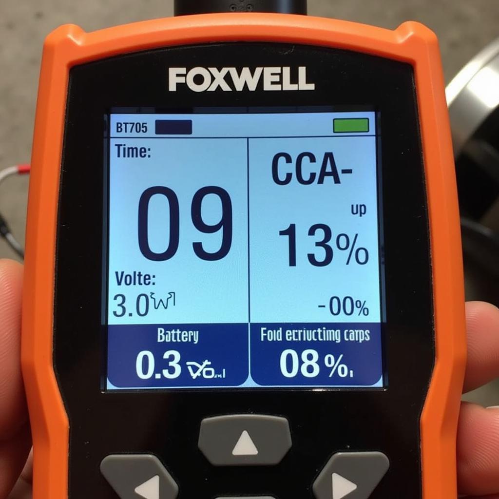 Foxwell BT705 Display Showing Battery Test Results - The LCD screen of the Foxwell BT705 displays voltage, CCA, and battery health percentage after a test.