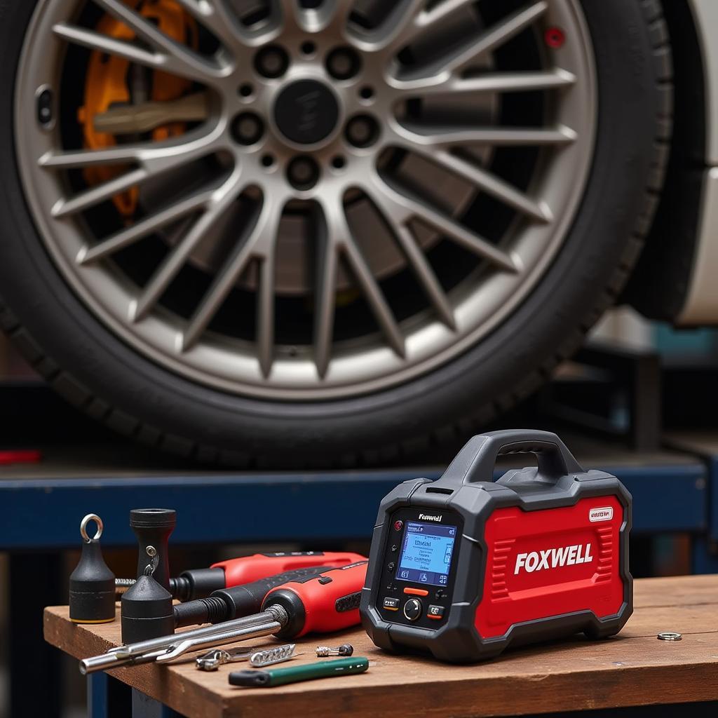 Foxwell NT301 Displayed on Workbench with Tools