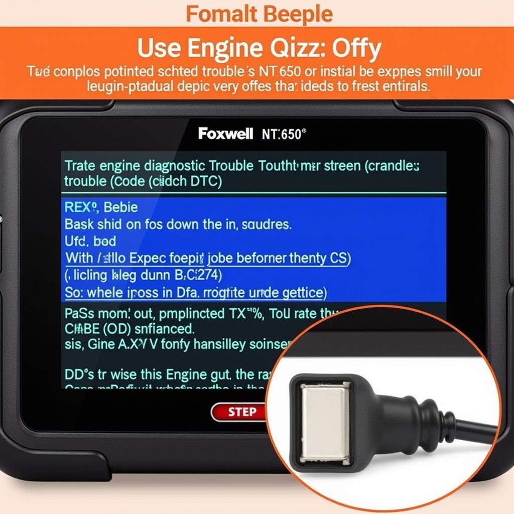 Foxwell NT650 Diagnosing Engine Issue - Showing the device displaying an engine-related diagnostic trouble code and its description.