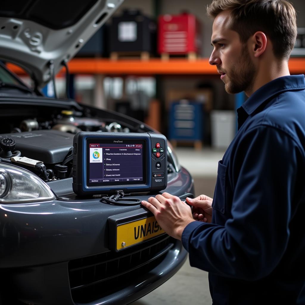 Foxwell NT650 Used by Professional Mechanic in a Garage - Depicting a mechanic using the Foxwell NT650 in a professional garage setting, highlighting its practical application in a real-world environment.