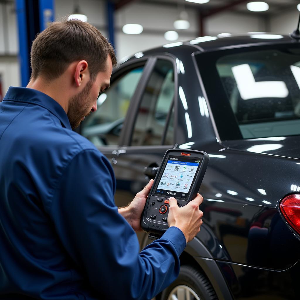 Foxwell Scan Tool in Use: Diagnosing a Car in a Workshop