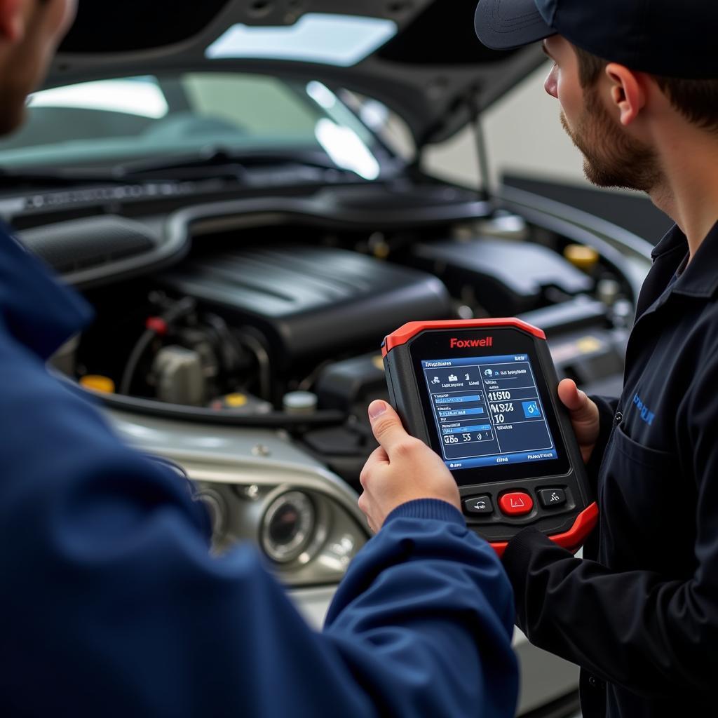 Mechanic Using a Foxwell Scanner with a TFT Display