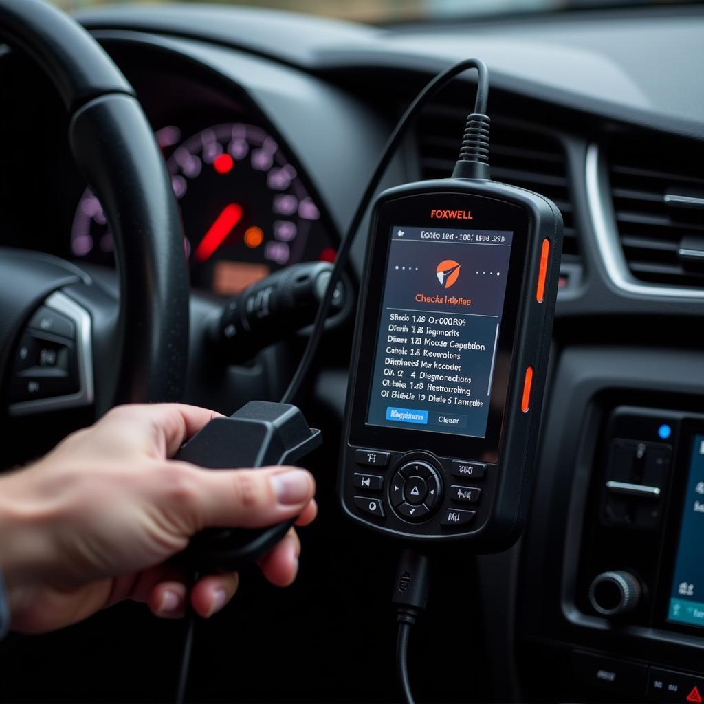 Foxwell Scanner Connected to Car's OBD2 Port for Diagnostics