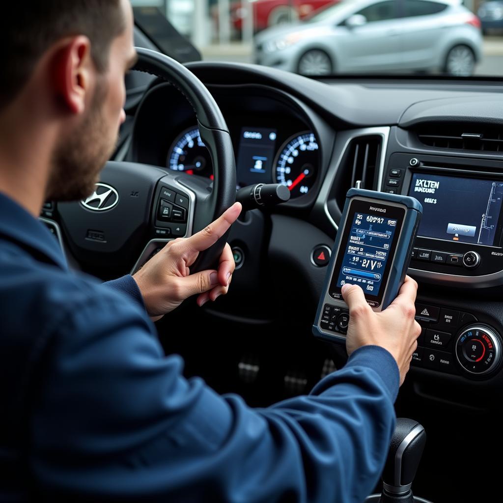 Mechanic Using a Professional Scan Tool on a Hyundai Elantra