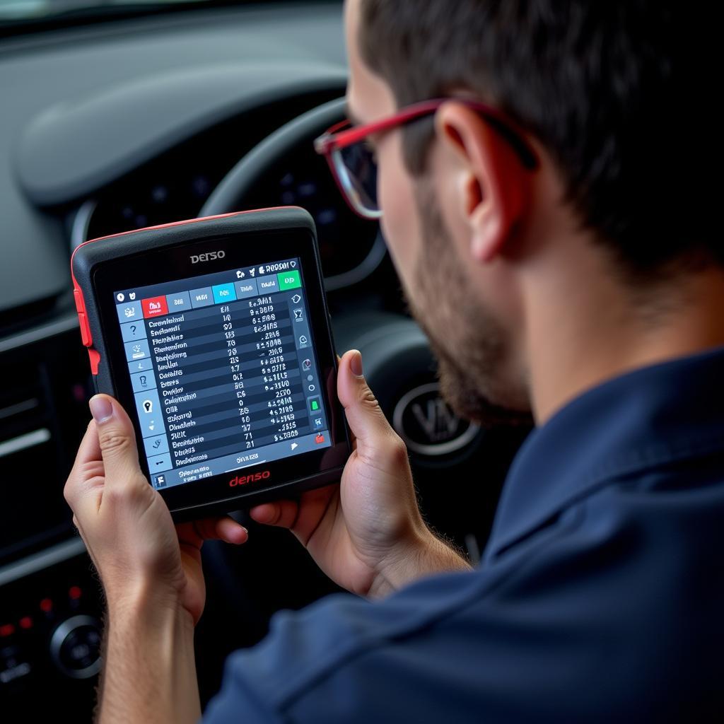 Mechanic Analyzing Data on Denso STI