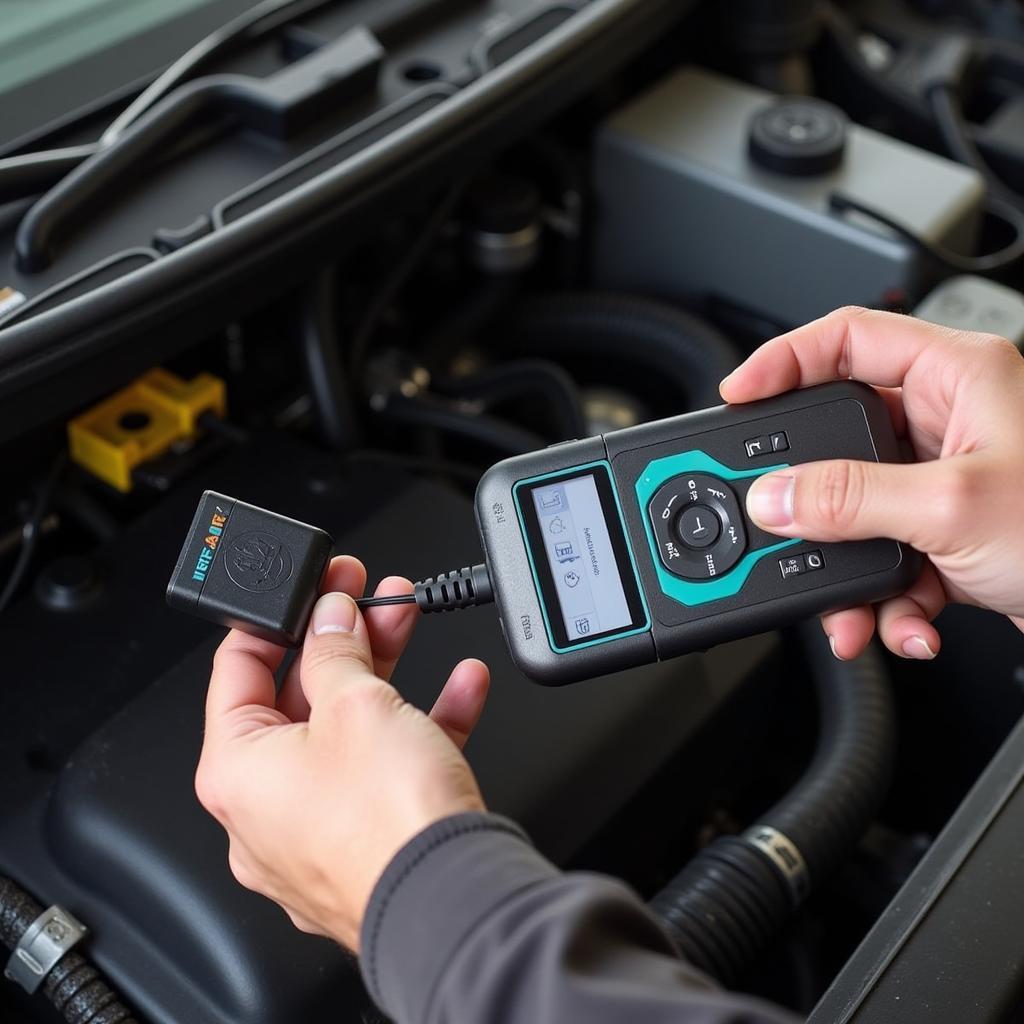 Mechanic Connecting Timothy Blaine Foxwell Scanner to OBD Port